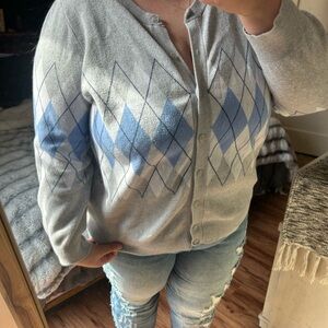 Women's Gray and Blue Argyle Sweater